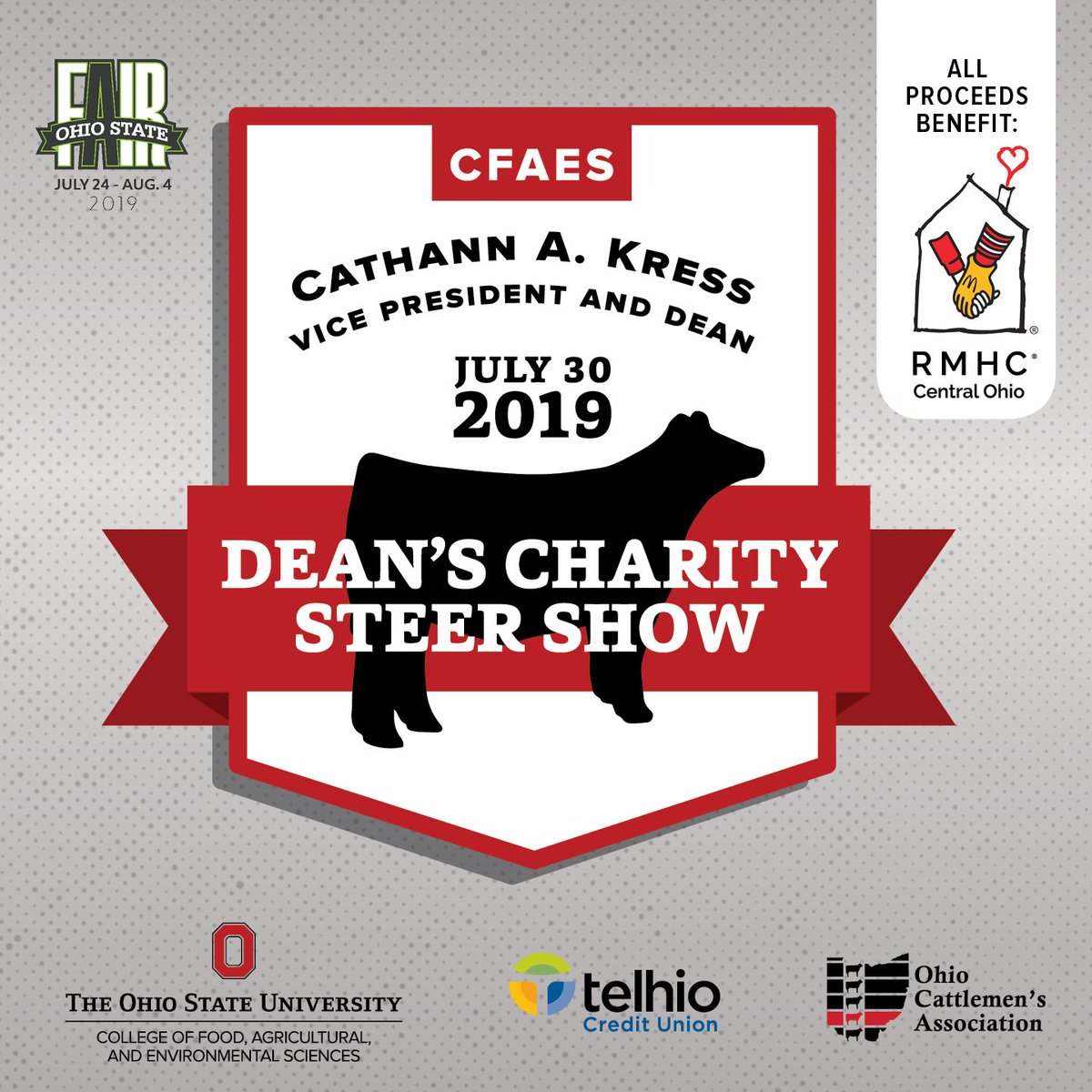 cathannkress's tweet photo. An event like the Dean's Charity Steer Show would not be possible without our partners. Thank you @Ohio_Cattlemen, @TelhioCU, and @OhioStateFair for helping us support @RMHCofCentralOH. Consider making a gift today and join us on July 30 at the show. https://t.co/TzBVqMTRWm https://t.co/1qoGIwUgJx