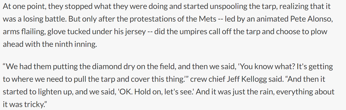 What is the point of the Mets? (A Thread) So, I can't be sure how much influence the players actually had. But the Mets lead the game 4-2, then protested with the umpires to let the game continue despite it raining. After Diaz blew the save, there was rain. Restarts today