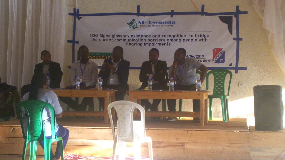 shrwanda2015's tweet photo. It's happening now. Panel discussion on #SHRH and Sign language glossary. @SamuelMunana ED @rnudeaf , @ncostase #JosphKasaija of @we_talk_series #EllyNTIRANDEKURA from @MinYouthRwanda #JosephKalisa Signs language Expert. https://t.co/BRtxKFeu0m