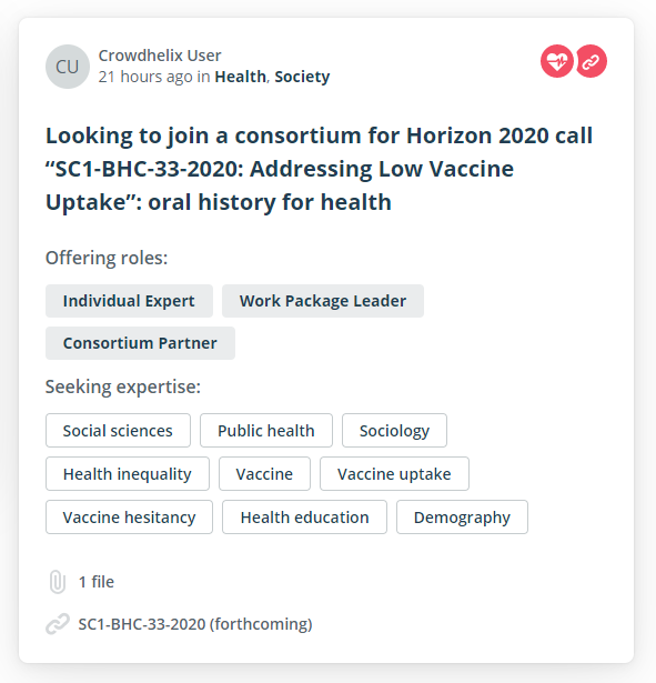 Crowdhelix's tweet image. The @UCC @CorkFolklore Project 🇮🇪 seeks international collaborators to help target an upcoming #H2020 call for research into low #vaccine uptake across Europe. crowdhelix.com @UCCResearch #oralhistory #publichealth #health