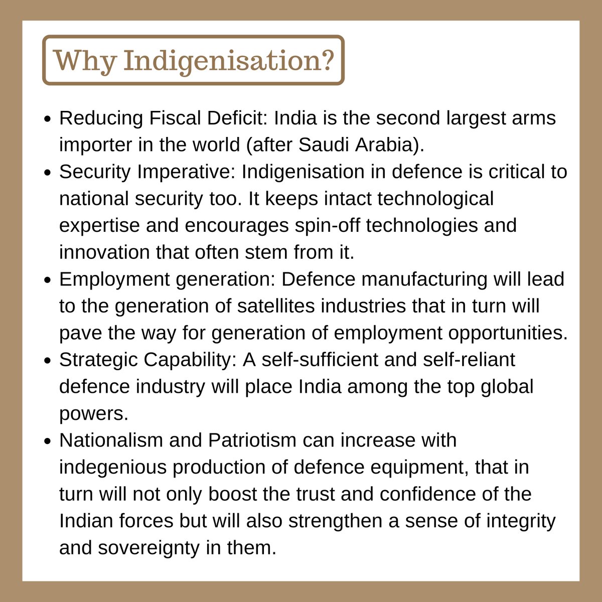 In this TTP we will cover in-depth, the state of defence indigenisation in India - a must read topic!

Read More: drishtiias.com/to-the-points/…

#DefenceIndigenisation #DRDO #IGMDP #Brahmos #IndianIDDM #INSVikrant #AGNI #UPSCToThePoint #UPSCTTP #DrishtiIASEnglish #DrishtiIAS