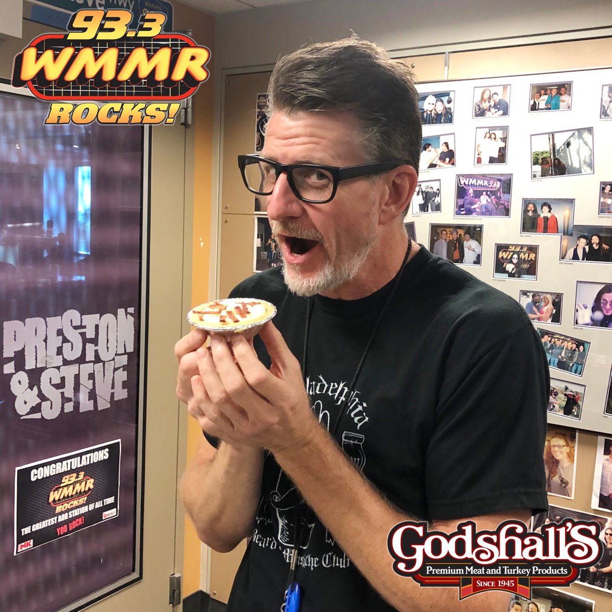GodshallsMeats's tweet photo. @prestonelliot enjoying our Bacon Banana Pudding Cheesecake Cups in-studio this morning during the @PrestonSteve933 show on @933WMMR! #Godshalls #TurkeyBacon #WMMR https://t.co/x9NKero9P9