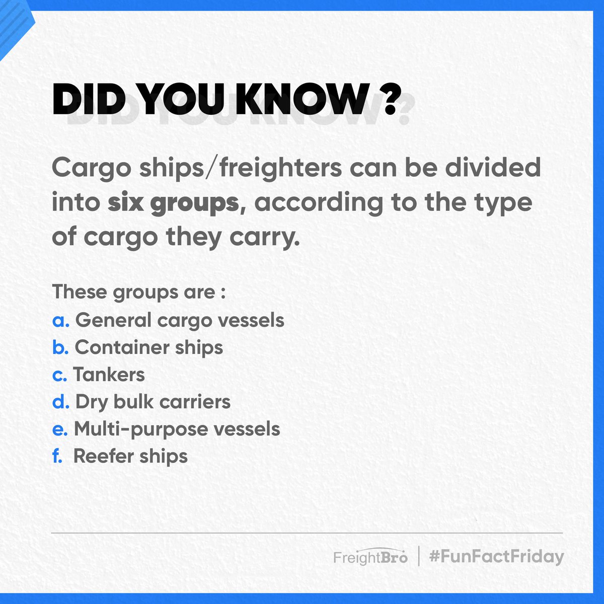 freightify_'s tweet photo. Bringing you a Fun Fact every Friday!
#FunFactFriday #cargoships #types #shipping #logistics #freightforwarding #digitization #FreightBro #Freightech https://t.co/k3Xjo8Dv6G