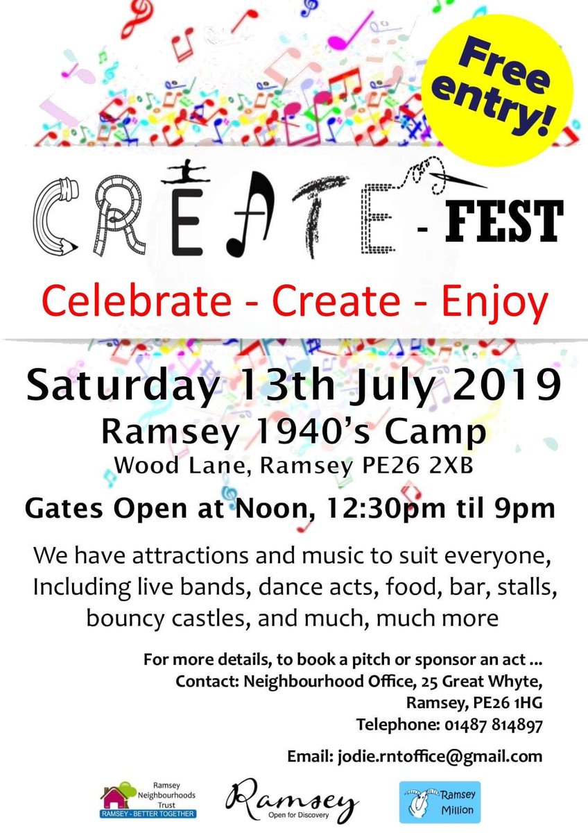 CREATE-FEST! Only a month to go.... Road signs going up this weekend. We'll start introducing our acts from next week. Watch this space 😎
<a href="/LocalTrust/">Local Trust</a> <a href="/huntspost/">Hunts Post</a> <a href="/RamseyTimebank/">Ramsey Timebank</a> <a href="/discover_ramsey/">Discover Ramsey</a> <a href="/mayor_of_ramsey/">Mayor of Ramsey</a> @cambsacre <a href="/huntsforum/">Hunts Forum</a> @Katie__Ridley @