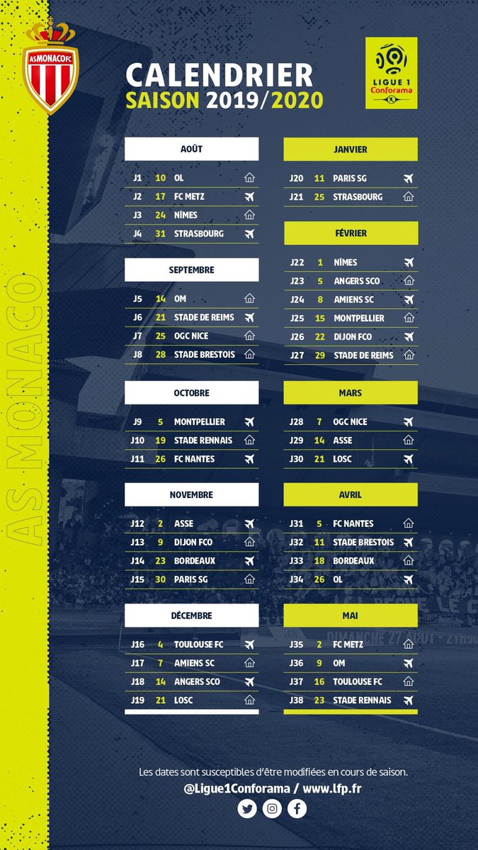 monaco__info's tweet photo. Le calendrier 2019/2020 de l'@AS_Monaco en @Ligue1Conforama est sorti ! #CalendrierASM https://t.co/8ca2Pi4GPK