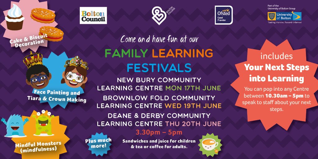 BoltonCollege's tweet photo. Gather the family and come out to one of our Family Learning Festivals next week!
📍New Bury - Monday 17th June
📍Brownlow Fold - Wednesday 19th June
📍Deane &amp; Derby - Thursday 20th June
⏰ All events run from 3.30PM until 5PM. Don't miss out!
Learn more: https://t.co/tTgEAwWtaj https://t.co/DcCZMe1lCp