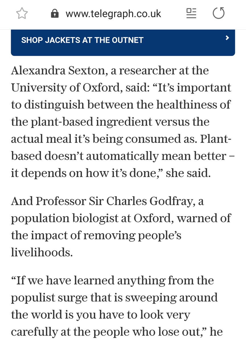 A screenshot from a telegraph article with no recognition of title or discipline for the female academic "Alexandra Sexton, a researcher" vs "professor sir Charles Godfray a population biologist"