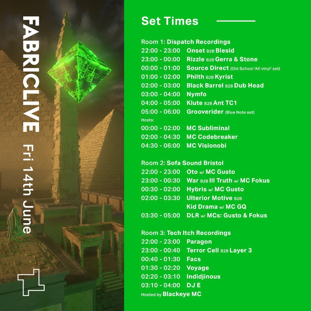 dje_dnb's tweet photo. Set times for @fabriclondon tonight....Gonna be π₯Catch me last set in the @techitchUK room π #excited #djsdream https://t.co/6w3A6fj5wI