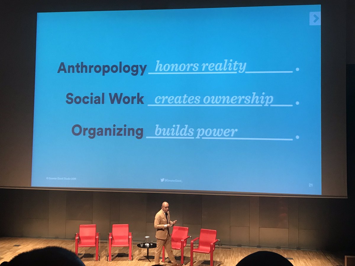 MarinaDeulofeu's tweet photo. Good design honours reality (anthropology), creates ownership (social work) and builds power (organising). Great presentation from George Aye (@greatergood_ ) at the #BDW19 #BDWSummit #SSDBCN https://t.co/BhNZUYTIhh