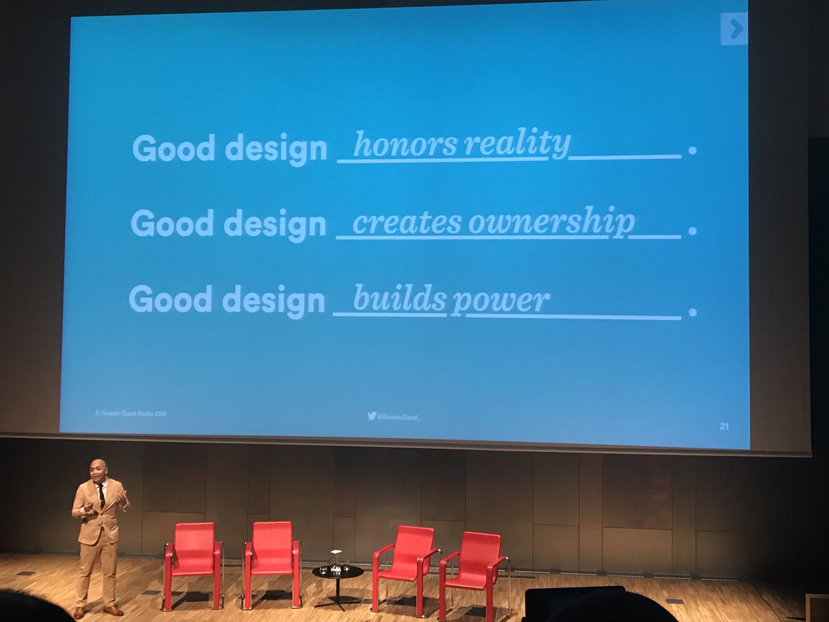 MarinaDeulofeu's tweet photo. Good design honours reality (anthropology), creates ownership (social work) and builds power (organising). Great presentation from George Aye (@greatergood_ ) at the #BDW19 #BDWSummit #SSDBCN https://t.co/BhNZUYTIhh