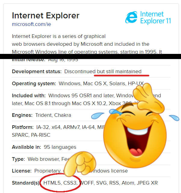 ninjatool's tweet photo. Have been trying to fit/#hack support for a horrible piece of #software that honestly is no aging well. Can anybody tell me WHY #InternetExplorer is still shipped with #Windows10?! #HTML5 #CSS3 #standardsplease #W3C #MSIE #AAARGH https://t.co/tyvkE1j4u3