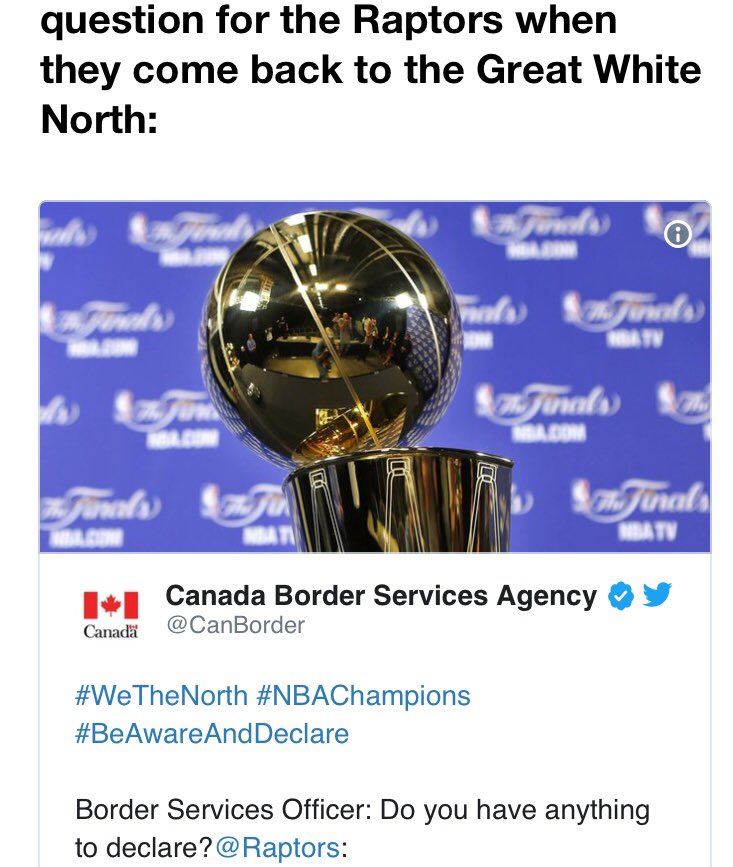 FerndaddyBrian's tweet photo. Best interaction from a government agency! Well done Canada 🇨🇦 Border Patrol! @Raptors @Eric__Smith @SmrtAsh #NBAFinal2019 #RaptorsInSix #Raptors #WeTheNorth https://t.co/kfT0qSrM2o