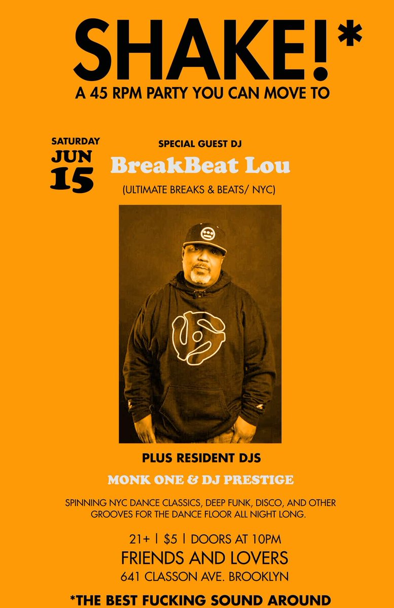 fleamarketfunk's tweet photo. Sat. 6/15 @BreakBeatLou joins @monkuno + I behind the decks at @friendsloversbk in #Brooklyn Don't sleep! #keepemdancing #vinyl #records #UBB https://t.co/FsEgpqwAww