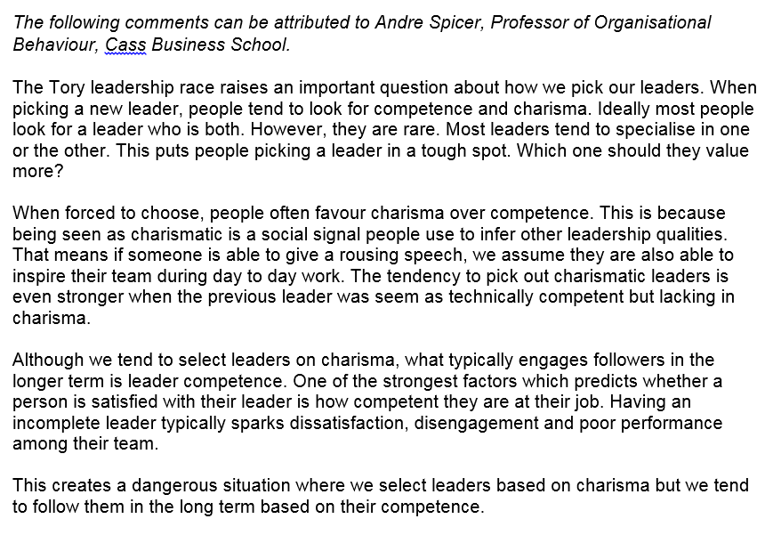 NewsfromCity's tweet image. Will charisma or competence win out in the #ToryLeadership race? @cassbusiness Professor of Organisational Behaviour @andre_spicer discusses how leaders are chosen #CassExperts #JournoRequest #UKpolitics