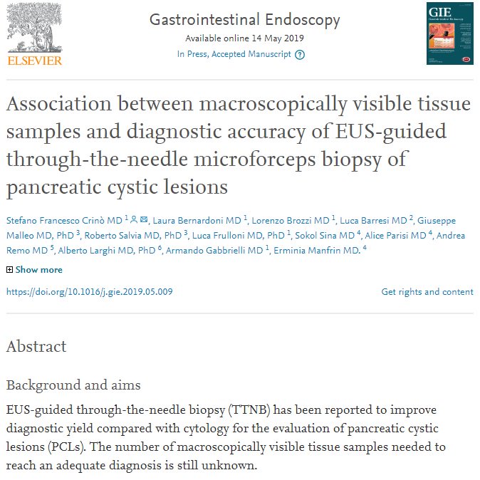 AESPANC's tweet image. Association between macroscopically visible tissue samples and diagnostic accuracy of EUS-guided through-the-needle microforceps biopsy of pancreatic cystic lesions. Gastrointest Endosc 2019 May 13. bit.ly/2IyMiAl
Mejor 2 que 3 muestras por EUS para dx histológico espec