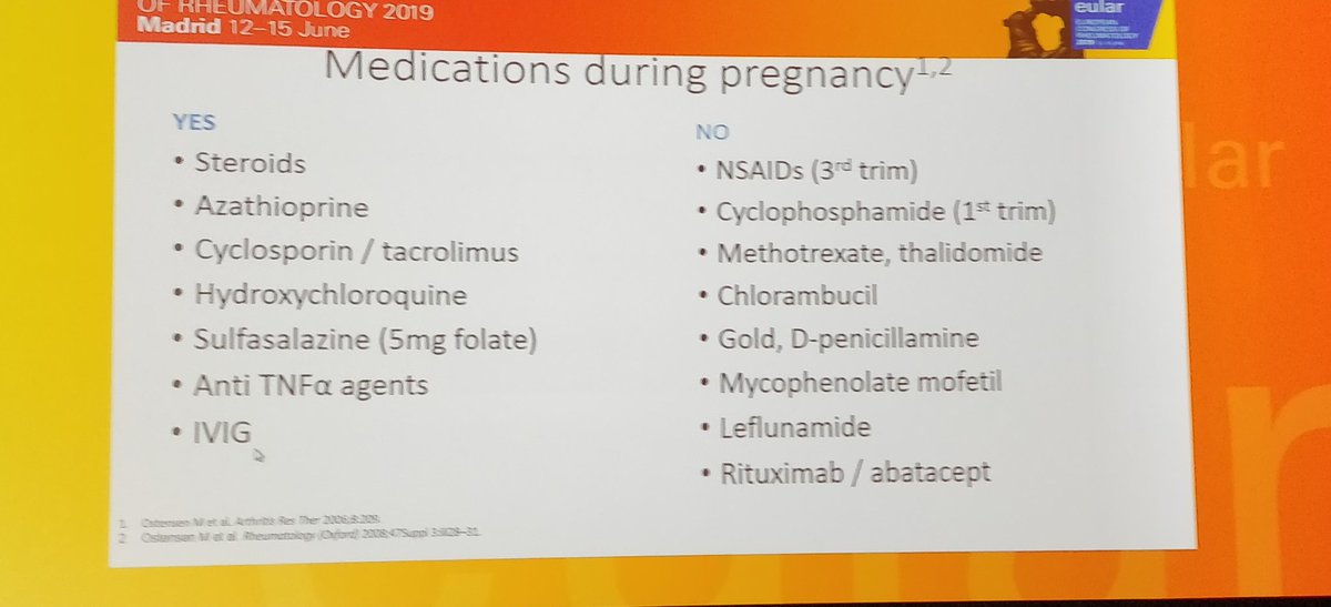 Dr Nelson-Piercy illustrates drugs that can & can't be used during pregnancy. Win&Hot session #EULAR2019 @RheumNow
