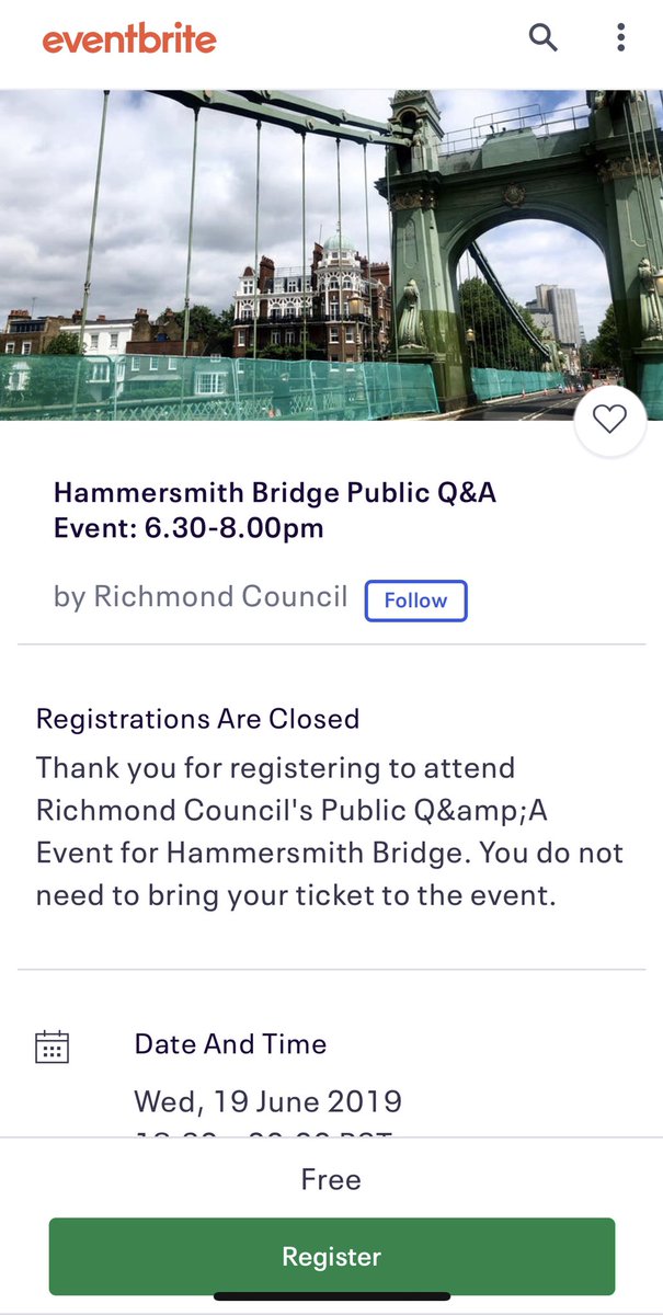 alecchin's tweet photo. Everyone who use #hammersmithbridge or bus routes 209 419 533 in #Mortlake or #Barnes and want to voice their opinion or ask the local councils and @tfl about the future of #Hammersmithbridge should get a ticket for this: https://t.co/kRXYFs1nKS https://t.co/i3ynxTIg9W