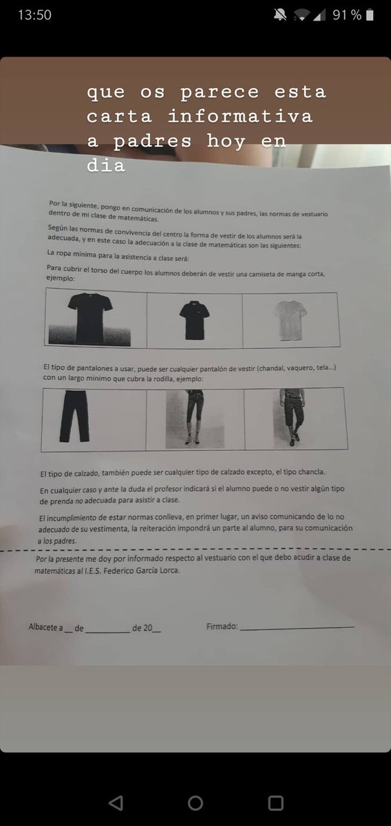 jaaiime18's tweet photo. En pleno 2019 un profesor de un instituto público impone unas normas de vestimenta para ir a una clase. Vergonzoso https://t.co/hRXML1nCu0