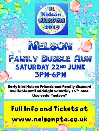 Early bird Nelson family and friends bubble run discount expires midnight Saturday 15th June. Full info and tickets at nelsonpta.co.uk/bubblerun
 Use code "nelson" 😀😀
