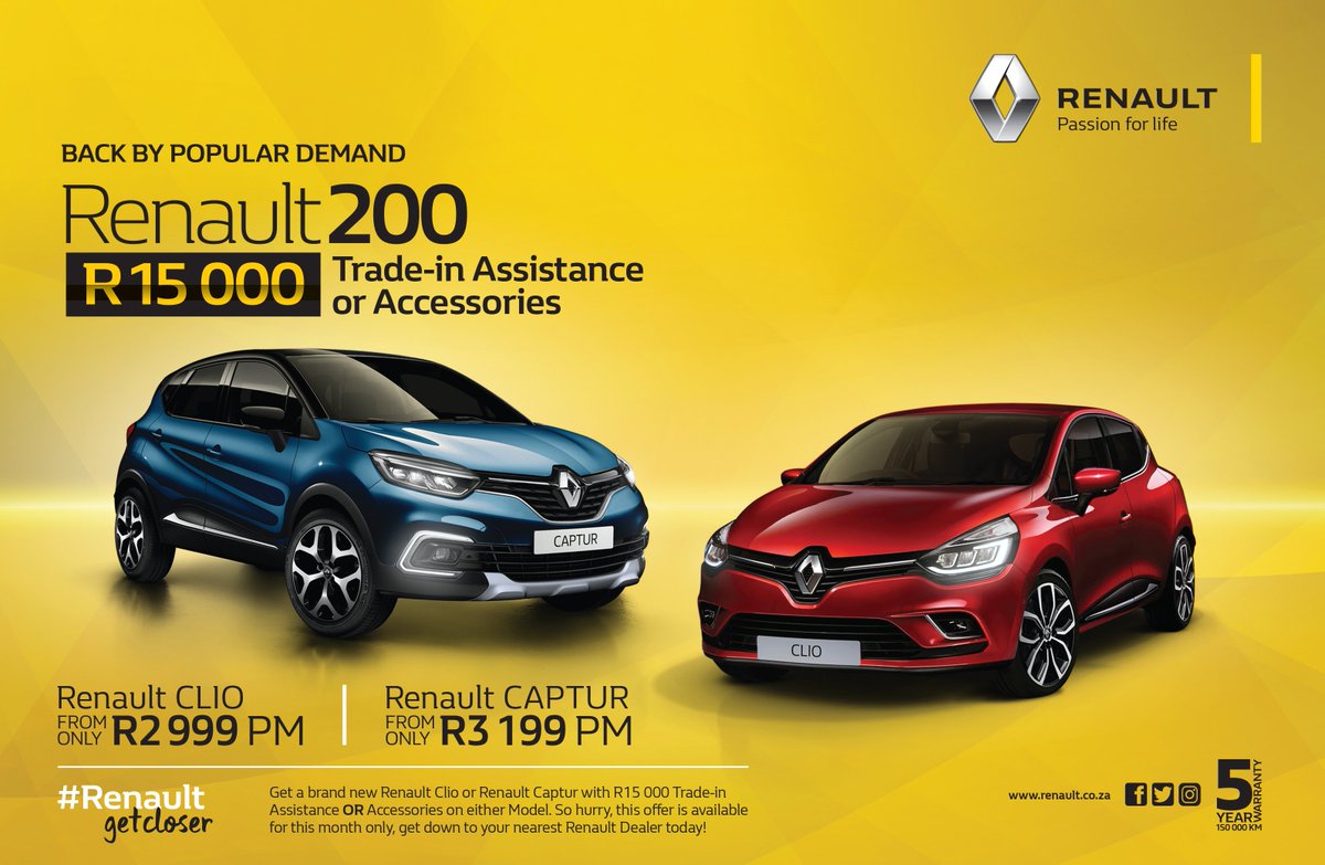 GroupMotors's tweet photo. Back by popular demand. Get R 15 000 Trade Assistance or Accessories on any Clio or Captur.
Ts &amp; Cs Apply.
#Renault #Ren200 #RenaultGetCloser https://t.co/QrQszQgTBu