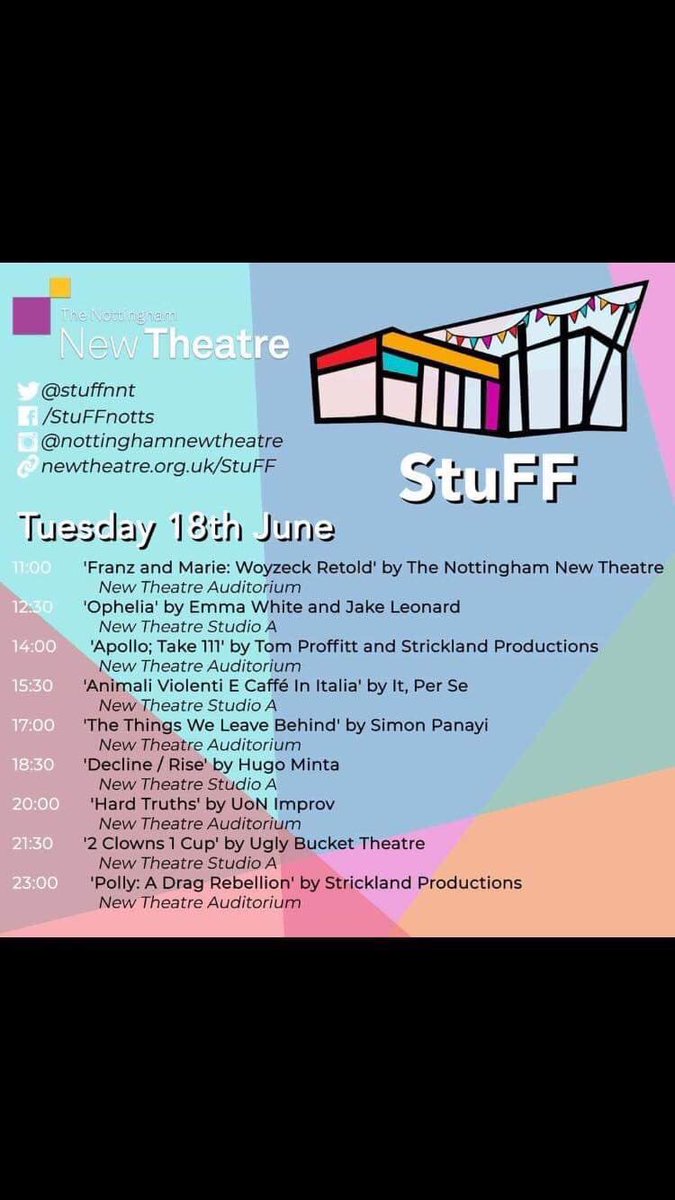‘StuFF’ is only 2 days away and we are very excited! Here’s our amazing line-up. From improv to poetry, come along to experience two days packed with great performances! 🎭
#univeristyofnottingham #Nottingham #Theatre #StuFF #studenttheatre #fringe #studentwriting