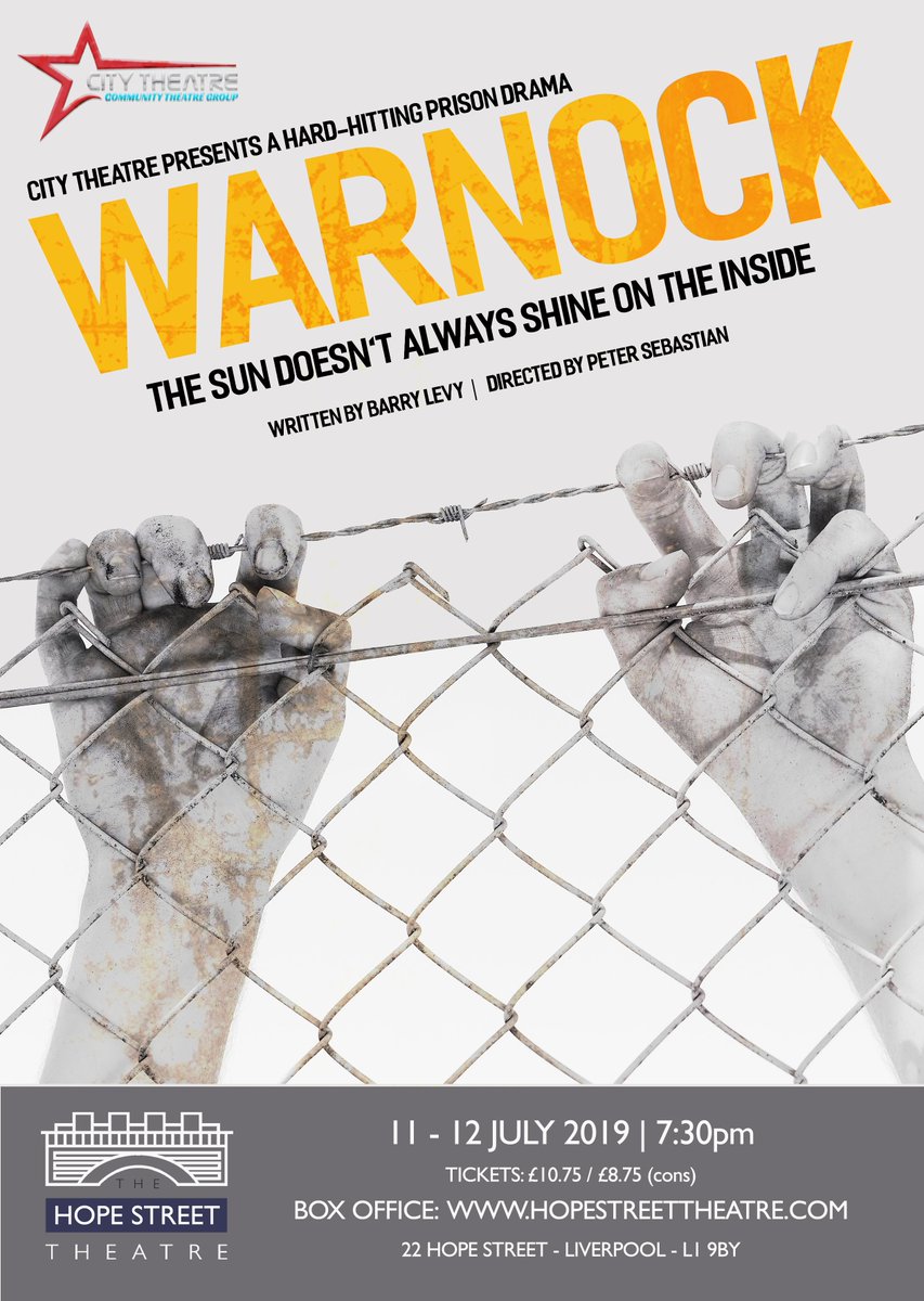 CITY THEATRE presents it's new play WARNOCK. 
DATES &amp; TIME: Thursday July 11th &amp; Friday July 12th, 7.30pm. 
VENUE: Hope Street Theatre <a href="/HopeStTheatre/">Hope Street Theatre</a> 
BOX OFFICE: ticketquarter.co.uk/Online/Warnock 
Please Support Local Theatre <a href="/syladg/">Support Local Drama</a> <a href="/HopeStTheatre/">Hope Street Theatre</a> <a href="/CPLittleTheatre/">CarltonLittleTheatre</a>