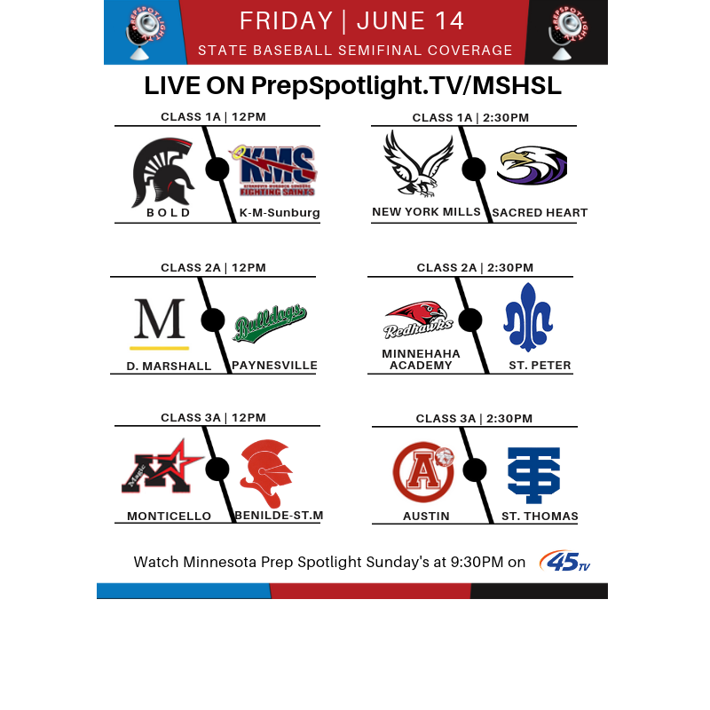 Let the State Baseball Semifinals BEGIN! Tune in today at 12PM &amp; 2:30PM on PrepSpotlight.TV/MSHSL 🆓📱🏆📶 <a href="/WCTsports/">WCT Sports</a> <a href="/WCT_JBrown/">Joe Brown</a> @HSAHubMN <a href="/SCTimesScores/">SCTimesScores</a> <a href="/BSMBaseball/">BSM Baseball</a> <a href="/bsmredknights/">Benilde-St. Margaret's</a> <a href="/baseballmonti/">MontiBaseball</a> @sacredheartegf <a href="/NYMSchools/">New York Mills Public School</a> <a href="/mnbaseballhub/">MN Baseball Hub</a> <a href="/PioneerPress/">Pioneer Press</a> <a href="/scoreboardmn/">Sports Guy</a> @MSHSLjohn
