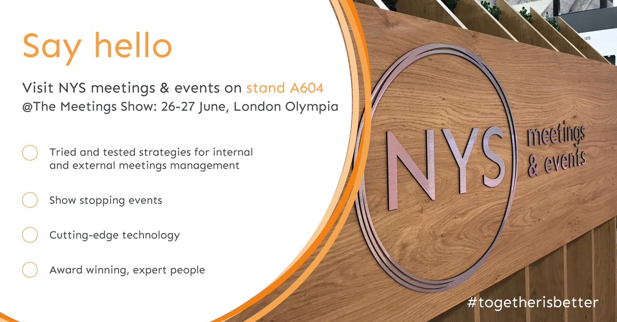 MeetingsShow's tweet photo. Visit stand #A604 to discover how @nys_group use tried & tested strategies for managing internal & external meeting resources, and stage show-stopping events with cutting-edge tech & the best people in the industry.
#eventmanagement | #strategicmeetingsmanagement | #helloNYS https://t.co/AqU34shpz9