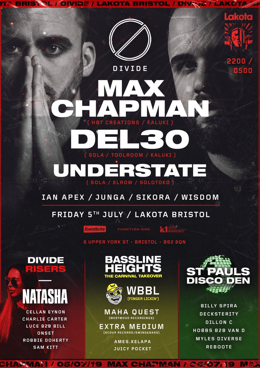 DIVIDE (@divideevents) on Twitter photo So here it is! The full line up for our mini festival at Lakota on St Paul’s Carnival weekend. Limited £9 tickets available here: bit.ly/2HfkVMf 🖤
Event Link: facebook.com/events/2933317…
<a href="/DJMaxChapman/">Max Chapman</a> @Del30music <a href="/Understateuk/">Understate</a> @natashadenbs @wbblbeats <a href="/extramediumuk/">Extra Medium</a> So here it is! The full line up for our mini festival at Lakota on St Paul’s Carnival weekend. Limited £9 tickets available here: bit.ly/2HfkVMf 🖤
Event Link: facebook.com/events/2933317…
<a href="/DJMaxChapman/">Max Chapman</a> @Del30music <a href="/Understateuk/">Understate</a> @natashadenbs @wbblbeats <a href="/extramediumuk/">Extra Medium</a>