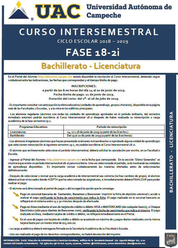 DASEuacam's tweet photo. CURSO INTERSEMESTRAL
Alumnos regulares: reinscribirse primero a la fase 19-1 y después al intersemestral
Alumnos irregulares:si se inscriben al intersemestral, al finalizar el curso se inscribirán a la 19-1. Si se reinscriben primero a la fase 19-1 NO podrán llevar intersemestral https://t.co/drV2CsBqYD