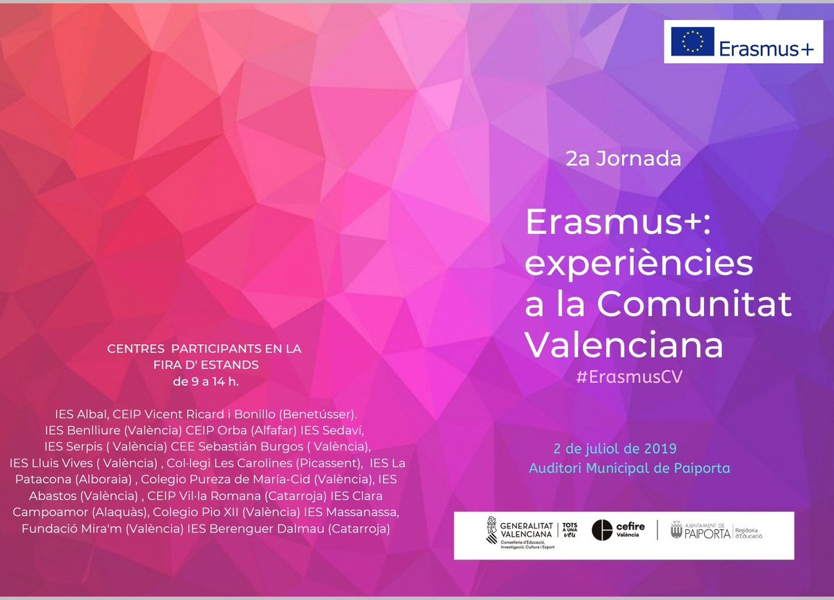 aranvaro's tweet photo. Encara estàs a temps per a inscriure't a la Jornada Erasmus+: experiències a la Comunitat Valenciana a la pàgina web del #CefireValència a @Auditoripaiport
@Ajunt_Paiporta
@GVA_Cefire
Tenim un programa molt interessant, anima't! https://t.co/Ibl7yMGAfb