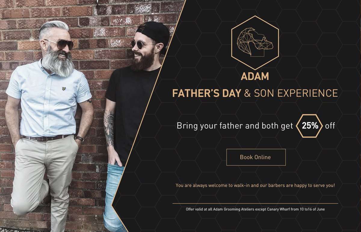 AdamGrooming_'s tweet photo. “ Like father, like son." Our #barbers have learnt their #craft from their #fathers and the generation before. Keep it in the #family and bring your #Dad in for a barbers #experience to remember with 25% off your #treatment.” #FathersDayExperience https://t.co/c5hGq80T1w