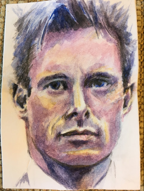 GrifBluePeacock's tweet photo. Did someone say Bond?
@BradleyJames #fanart on #fanartFriday
#BradleyJamesfanart #ACEO (2.5in x 3.5in / 64mm × 89mm) #watercolor #watercolour #bangbangboom 😎 https://t.co/B1YYlDmsTr