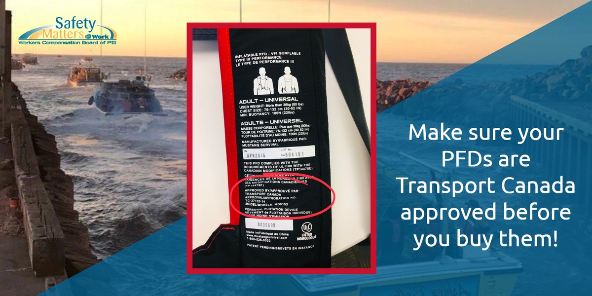 Great to see so many PEI #fishers wearing PFDs this week! Make sure that your PFD is Transport Canada approved as shown in the picture below. 

Check out our Prevention Update online for more information on #PFD selection and use:
wcb.pe.ca/DocumentManage…