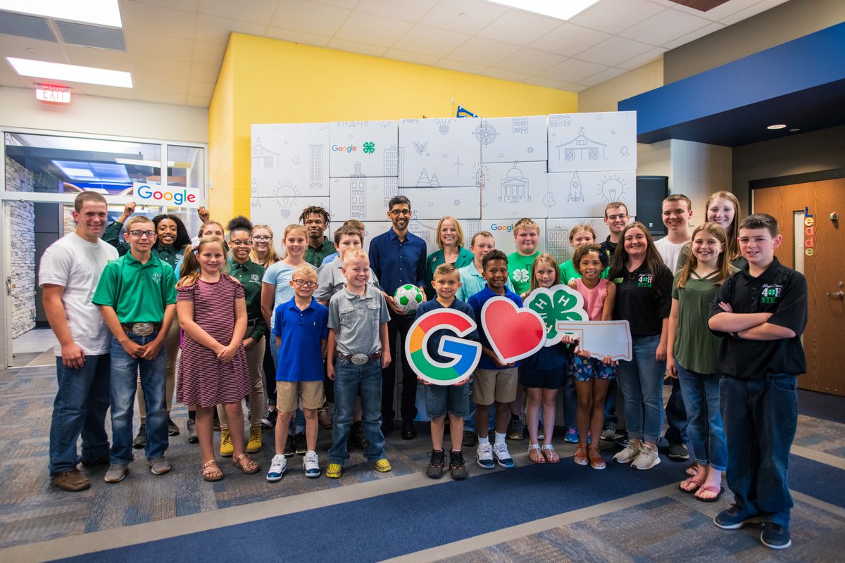 JSirangelo's tweet photo. Thank you, @SundarPichai, for visiting with @Oklahoma4H Computer Science Club members today in Mayes County &amp; for your commitment to ensuring 1M youth in #rural and limited access areas receive CS edu opportunities. Enjoy your @4H soccer ball! #GrowWithGoogle #4HCS #Google https://t.co/ZK0ZDj4UoH