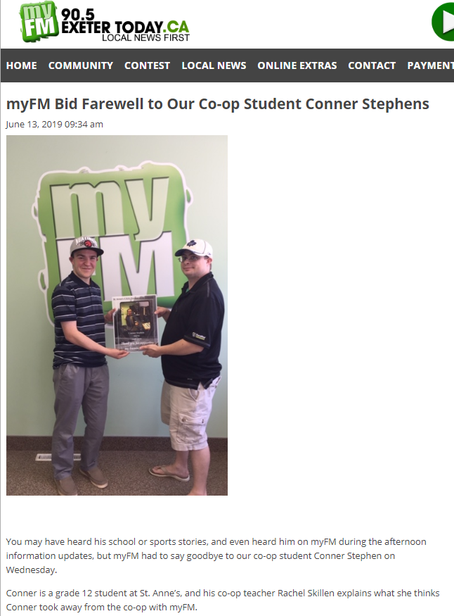 ChrisRoehrig's tweet image. Great piece on @stannescss coop student Conner Stephens - interview with teacher @SkillensClass @Rachel_Skillen ; @905myfm exetertoday.ca/rss/myfm-bid-f…