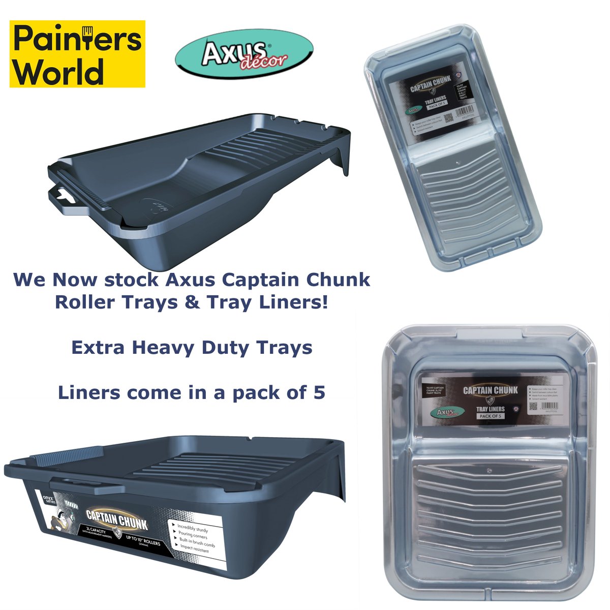 paintersworlduk's tweet photo. We now stock the New @AxusDecor #CaptainChunk Roller Trays. #LessMess
4" Tray = £2.49
4" Tray Liners pack of 5 = £2.49
10" Tray = £4.50
10" Tray Liners Pack of 5 = £4.50
prices include VAT https://t.co/mCFAXxt18b
