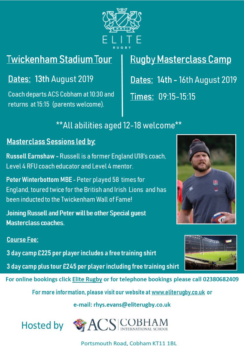 We are proud to announce our Summer #Masterclass Camp hosted by @ACSCobham1 with @russellearnshaw + @wintsrugby 

Other #special #masterclass guests to be announced soon!  

Twickenham Stadium Tour.. why not!

#rugby #RWC19 #maximisepotential #allabilitieswelcome #twickers