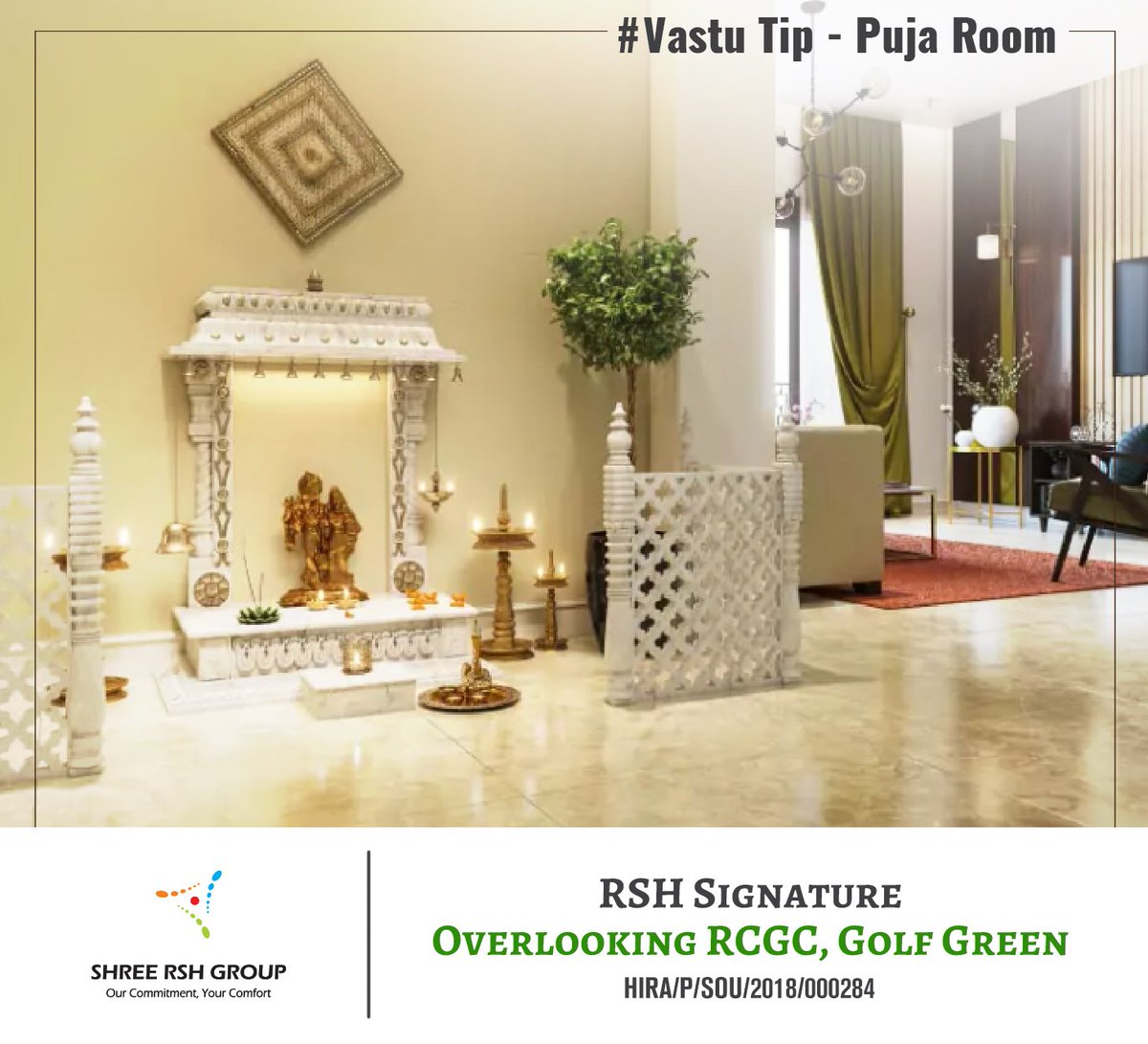 #VastuTip | While setting up a puja room in your home, create an altar and place incense, candles, and diyas along with the pictures of God on it.

#ShreeRSHGroup #RSHSignature #Vastu #PujaRoomVastu #VastuLivingroom #Spirituality #Prosperity #Wealth #FlatsInSouthKolkata #Gym