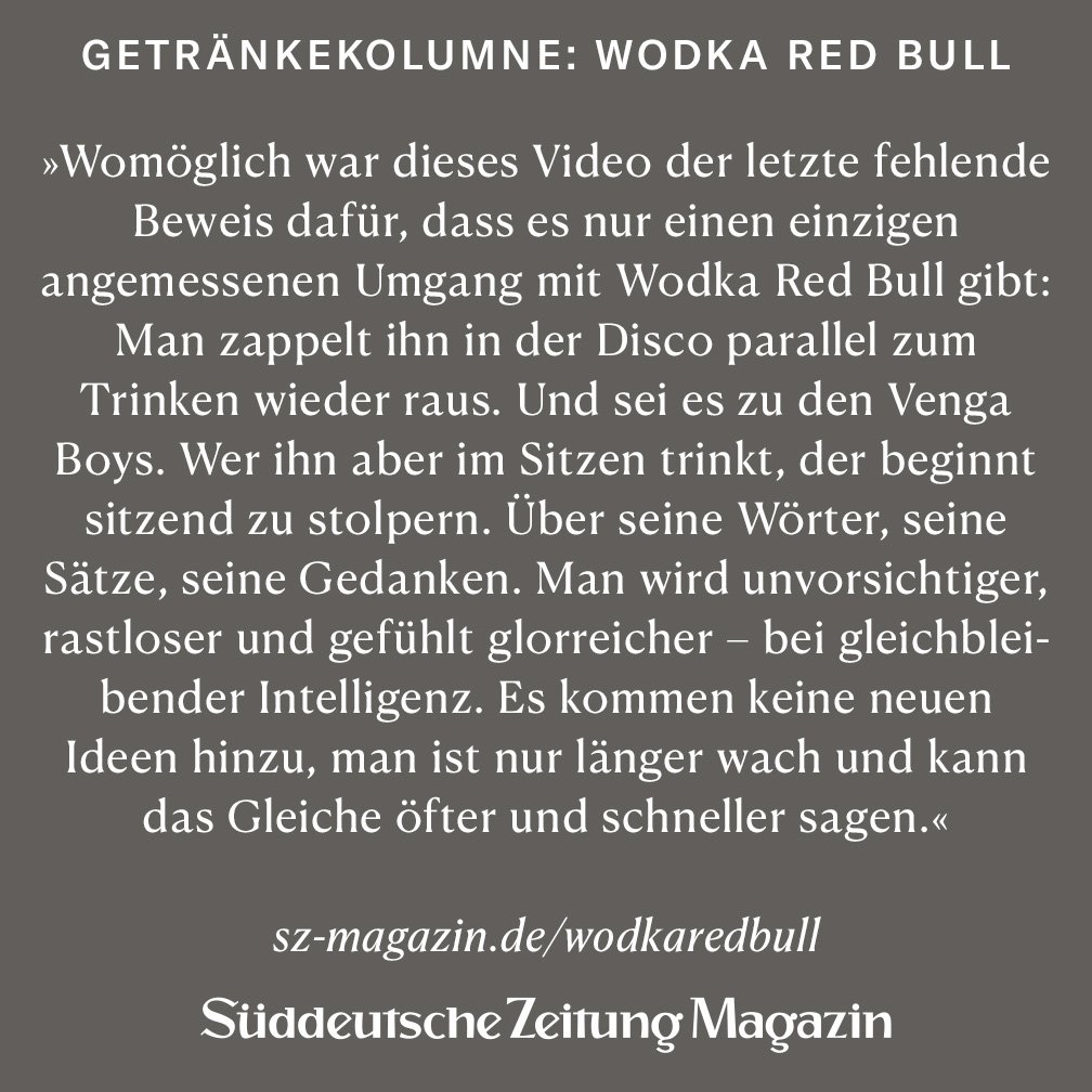 szmagazin's tweet photo. In welchen Situationen man Wodka Red Bull trinken kann und in welchen man sich das Gemisch eher verkneifen sollte. Zur neuen Folge der Getränkekolumne: https://t.co/1rc5a9P8aG https://t.co/mBE49J4Iwp