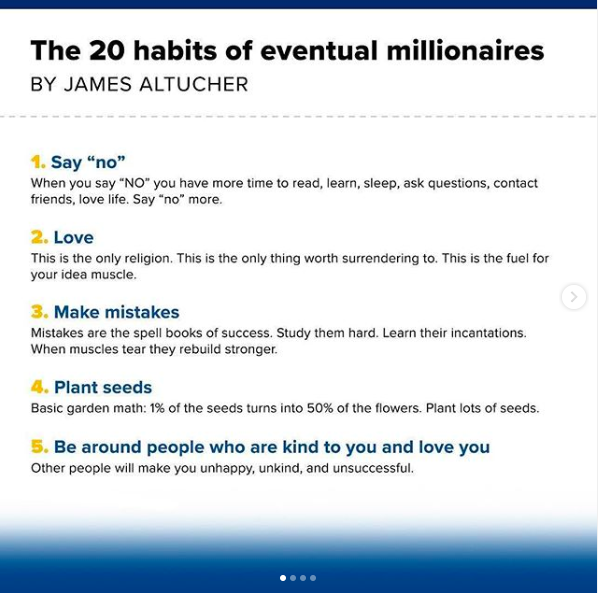 Dambisamoyo's tweet photo. 20 habits to become a millionaire. Which of these do you already practice? RP by @CNBC https://t.co/DWVCTUzFdP #getsmarter #wealth #success https://t.co/0nBOYVchVf