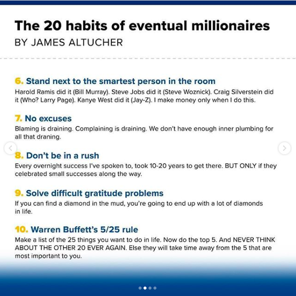 Dambisamoyo's tweet photo. 20 habits to become a millionaire. Which of these do you already practice? RP by @CNBC https://t.co/DWVCTUzFdP #getsmarter #wealth #success https://t.co/0nBOYVchVf