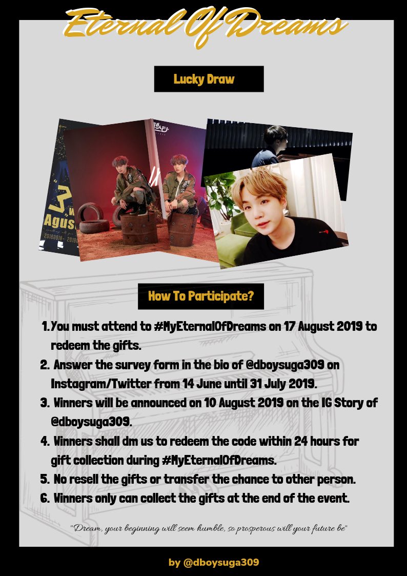 dboysuga309's tweet photo. You’re invited! ✉️

To celebrate #3YearsWithAgustD, we are going to organise a cup sleeve event as appreciation.

Date: 17 August 2019
Time: 11am - 5pm 
Venue: Regiustea, Sunway Velocity

Kindly refer the photo for more details. See you there! 🖤🎹🎵 

#MyEternalOfDreams https://t.co/JGO9tbDQql