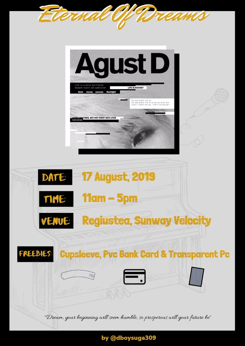 dboysuga309's tweet photo. You’re invited! ✉️

To celebrate #3YearsWithAgustD, we are going to organise a cup sleeve event as appreciation.

Date: 17 August 2019
Time: 11am - 5pm 
Venue: Regiustea, Sunway Velocity

Kindly refer the photo for more details. See you there! 🖤🎹🎵 

#MyEternalOfDreams https://t.co/JGO9tbDQql