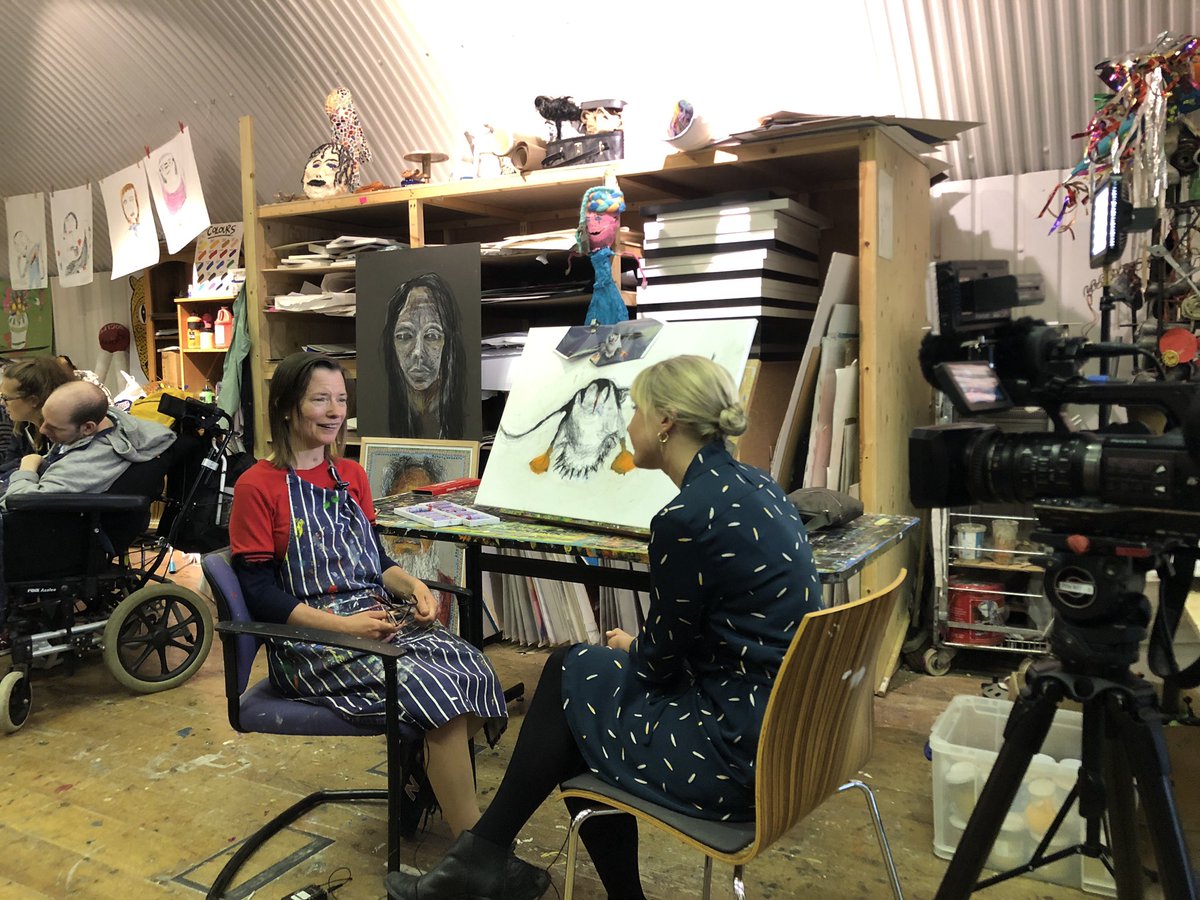 HeadwayELondon's tweet photo. Exciting morning at the centre today as we welcomed @itvlondon into #SubmitToLove studios to chat to our artists! Tune in to ITV news tonight to see our feature between 6-6:30pm - We’re #onthetele!! #BrainInjury #DiscoveryThroughArt https://t.co/25xU8evdvx