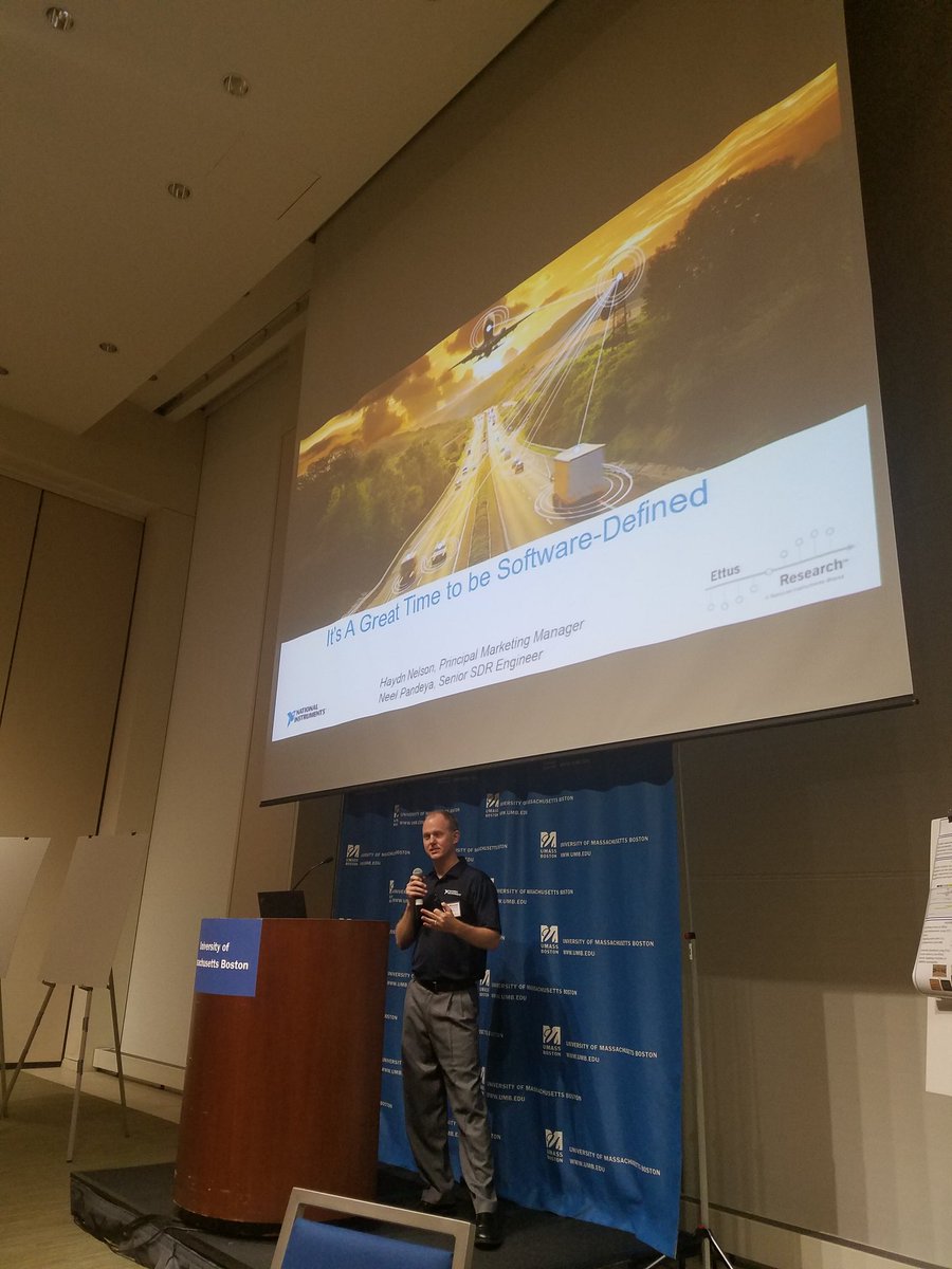 AlexWyglinski's tweet photo. Haydn Nelson from @NIglobal presenting at #NEWSDR 2019 here at @UMassBoston about the latest and greatest in #wireless #5g ... "great time to be software defined" https://t.co/MDPREmBfvL