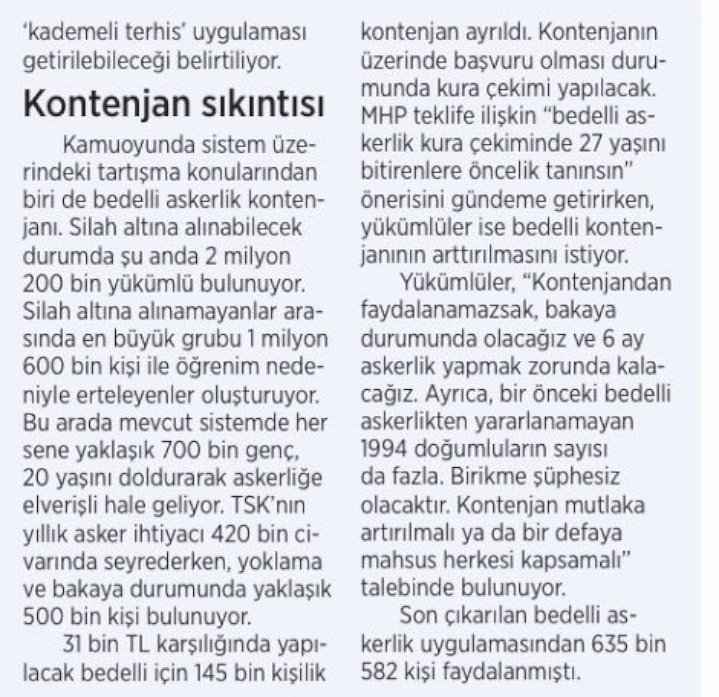 Bedelli Askerlik Bekleyen Gençler Kontenjanın Arttırılmasını Fiyatın Makul Seviyeye Çekilmesini Ve Ücretini Yatıran Herkesin Bu Haktan Yararlanmasını Istiyor ..

Revize Yapılıyor ise Son Hali Bu Olmalıdır ..
<a href="/kayaismail80/">İSMAiL KAYA 🇹🇷</a> <a href="/refik_ozen16/">refik ozen</a> @teomansancarchp <a href="/yasinugurmv/">Yasin Uğur</a> <a href="/cenginyurt52/">Cemal Enginyurt</a>
