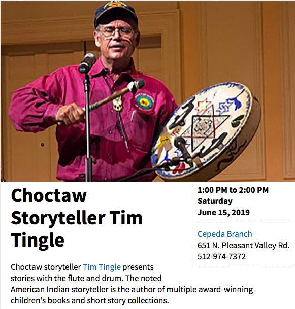 ParkZaragozaNA's tweet photo. Reminder to attend #AustinPublicLibrary's Cepeda Branch tomorrow from 1PM- 2PM to see #Austin's very own award-winning #Choctaw #Storyteller, Tim Tingle, present #stories w the #flute and #drum.
Free and open to the public #familias #storytimes #do512weekend #austineastside #ATX https://t.co/SKGf63qTRt