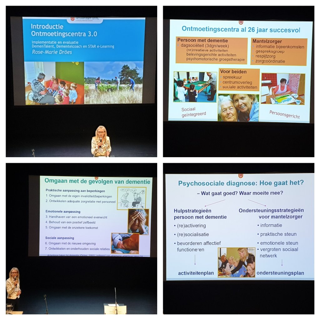 Rose-Marie Droes, hoogleraar psychosociale hulpverlening bij #dementie licht het programma  Ontmoetingscentra3.0 toe.
Waarbij de interventies <a href="/Dementelcoach/">Dementelcoach</a>
@dementalent en #STAR toegevoegd zijn aan #OC's. <a href="/OC_Dementie/">OC3.0 Dementie</a>