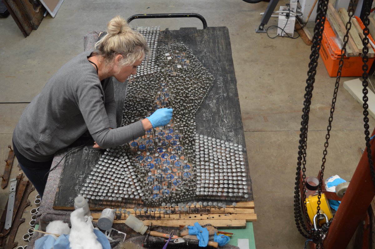 RRConservation's tweet photo. A David Partridge sculpture named Ascendant Configuration is being conserved by our skilled Objects Conservator. This type of sculpture, often referred to as "naillies" is made of varying sizes of nails hammered into plywood. Watch this space for updates! https://t.co/DtfBbayiTb